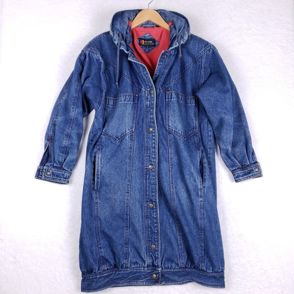 Andy Johns Vintage 90s Longline Denim Jacket Medium Blue Hooded Red Lined - Picture 1 of 14